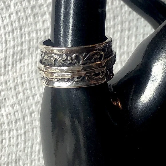DIDAE Ornate Sterling Silver Wide Band Israeli Spinner Ring Sz. 8, 8-1/4, 10-1/4